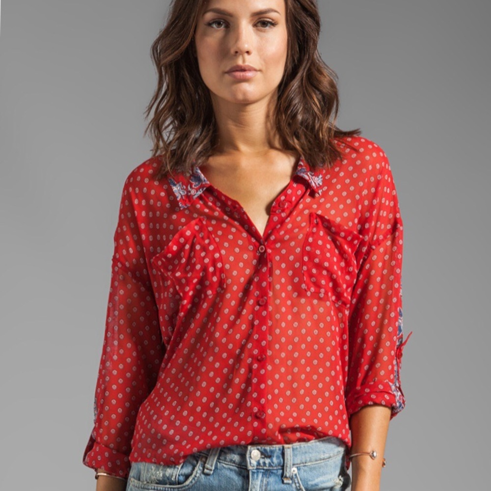 Free People Red Sheer Paisley Button Down Blouse